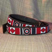 Load image into Gallery viewer, The Red Hot Dog Beaded Dog Collar by Her Best Foot Forward is a vibrant, handmade Maasai pet accessory from East Africa, featuring red, white, and black geometric beadwork—an ethical way to add unique style to your dog.