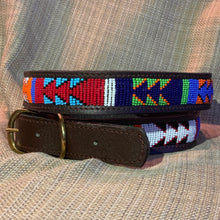 Load image into Gallery viewer, The All the Way Up Beaded Dog Collar by Her Best Foot Forward is a handmade Maasai-inspired ethical pet accessory from East Africa, featuring colorful geometric beadwork on brown leather.