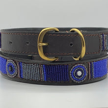 Load image into Gallery viewer, The Mia Beaded Dog Collar by Her Best Foot Forward features chic Maasai-inspired blue and silver beading on dark brown leather with a gold buckle, handcrafted ethically by women artisans in East Africa.