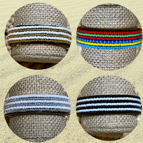 Four round images display the Safari Stripes Beaded Bracelet by Her Best Foot Forward, a handmade Maasai-inspired piece from East Africa featuring unique color patterns—gold and white, multicolored stripes, silver and white, and black and white.